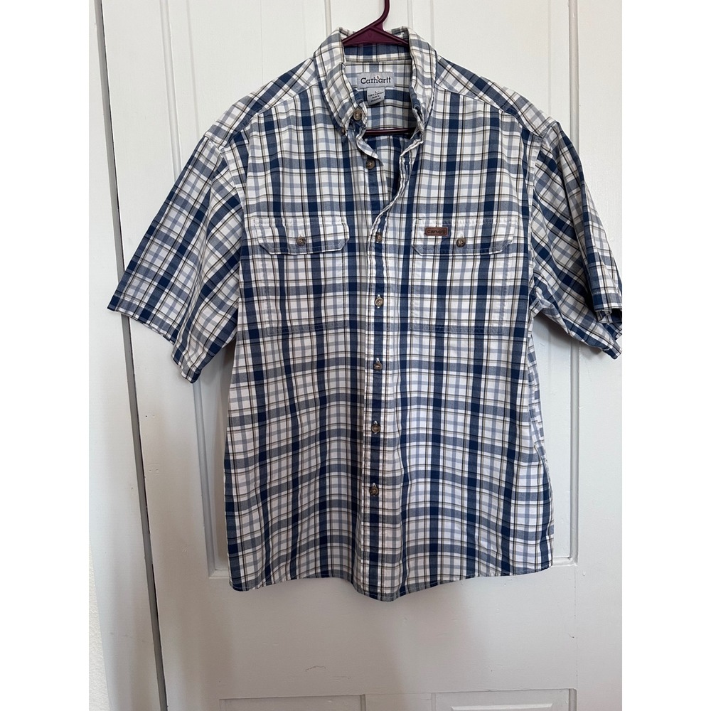 Carhartt Mens Short Sleeve Plaid Button Down Shirt Blue White Tan S150IND Large